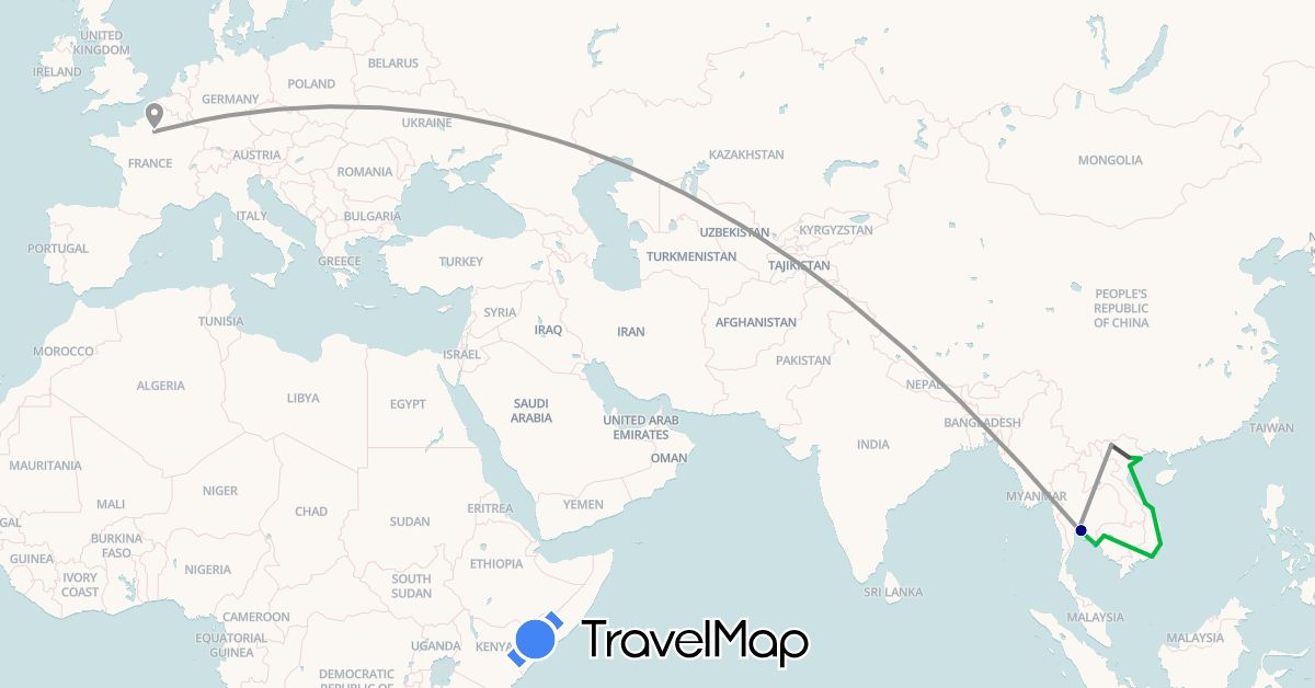 TravelMap itinerary: driving, bus, plane, boat, motorbike in France, Cambodia, Thailand, Vietnam (Asia, Europe)